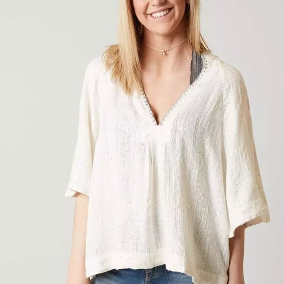 Free People Womens Get Over It Top Shimmer Silver V Neck Relaxed Boho Medium - Picture 10 of 10